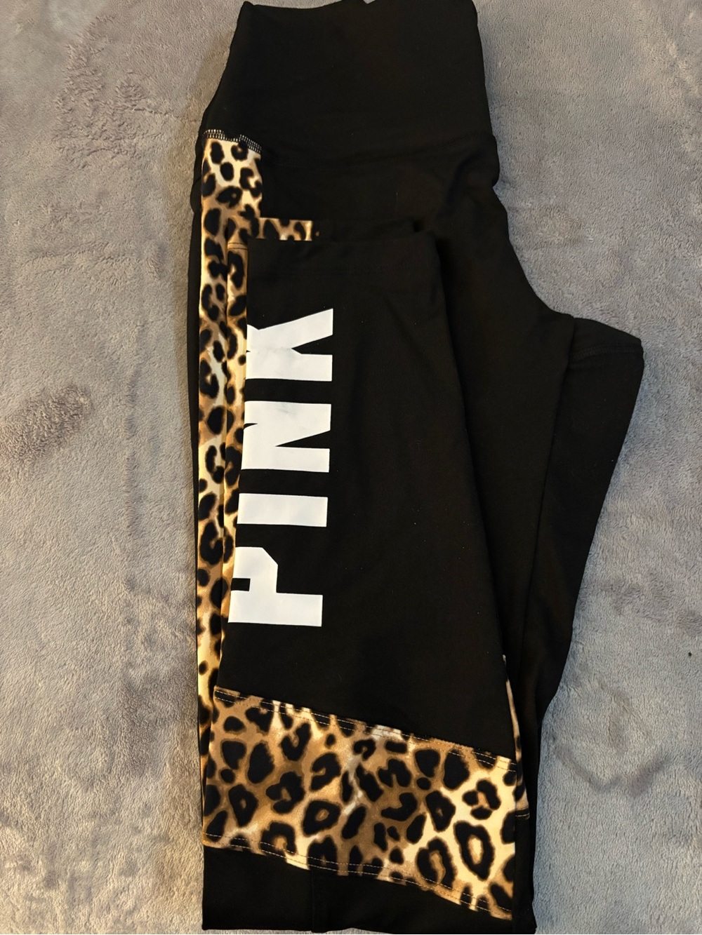 PINK Black Leggings with Leopard Trim